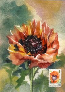 watercolor painting with postal stamp
